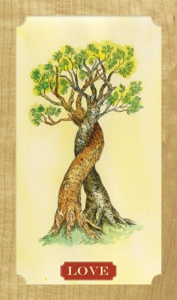 An illustration inspired by the Tree of Life Oracle from Schiffer Publishing, Ltd. shows two trees with intertwined trunks forming a heart, against a light yellow background, with "LOVE" in red at the bottom, evoking self-awareness.