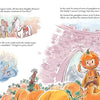 A storybook page inspired by The Bravest Knight Who Ever Lived (Schiffer Publishing, Ltd.) shows a knight by a pond, removing armor to swim; nearby, someone warns of Dragon Castle. At right, a child in a pumpkin costume stands near the pumpkin patch wall.