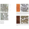 A spread from "Living with Wood" by Schiffer Publishing, Ltd. displays close-ups of wood cross-sections labeled with anatomy details for species like rubberwood, Spanish cedar, and iroko—great for woodworking. Pages 122–123 are shown.