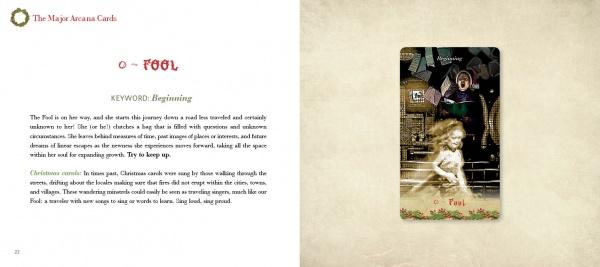 A spread from A Christmas Tarot by Schiffer Publishing, Ltd. features the O – Fool card; the left page explains its meaning and keywords, while the right shows a childlike figure in a whimsical, dreamlike setting.