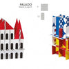 ArchiTek by Schiffer Publishing, Ltd. features two vibrant modular paper buildings—a white one with red triangular roofs and another with blue, red, and yellow patterns—each labeled with instruction page numbers for kids.