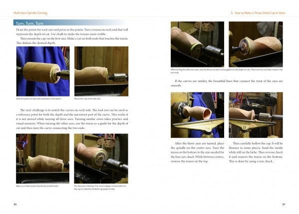 Using the Multi-Axis Spindle Turning book by Schiffer Publishing, Ltd., step-by-step photos and text guide readers through woodturning techniques, showing close-ups of an artisan shaping spindles with a lathe and cutting tool.