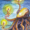 An octopus with three candles in its tentacles stands in the nighttime sea, a ship sailing behind. The number 3 and "WANDS" appear on the card from the Shadowland Tarot by Schiffer Publishing, Ltd.