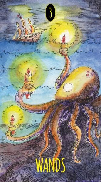An octopus with three candles in its tentacles stands in the nighttime sea, a ship sailing behind. The number 3 and "WANDS" appear on the card from the Shadowland Tarot by Schiffer Publishing, Ltd.