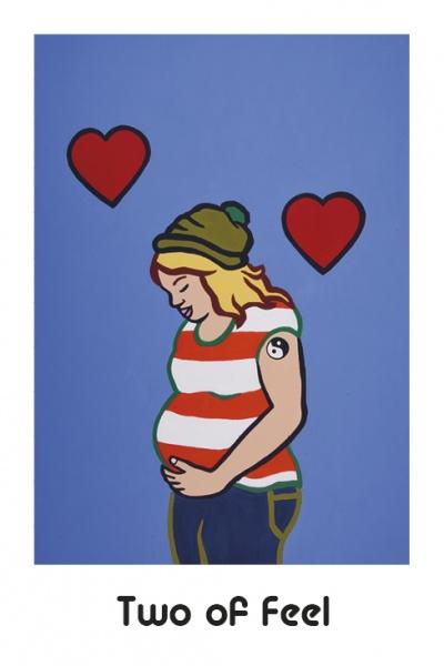 A cartoon of a pregnant person in a green beanie and striped shirt smiles, touching their belly, with two red hearts beside them on a blue background. "Hip Chick Tarot" by Schiffer Publishing, Ltd. is written at the bottom.