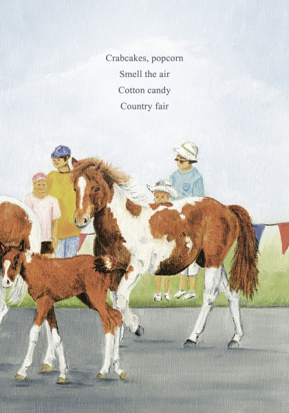 In this picture book scene from "Wild Colt" by Schiffer Publishing, Ltd., a brown and white mare and foal, resembling Chincoteague ponies, walk a country fair path with children and adults as colorful pennant flags hang nearby.