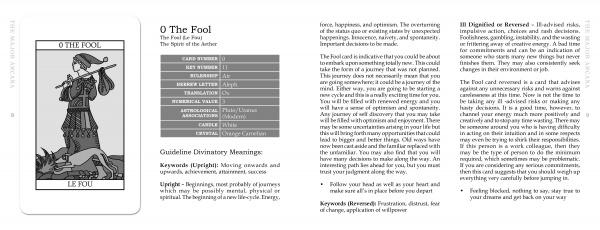The Tarot Lovers’ Tarot by Schiffer Publishing, Ltd. features a black and white Fool card, depicting a figure with a stick and bag, stepping toward a cliff with a dog, plus Tarot meanings on the right to guide you in using your deck.