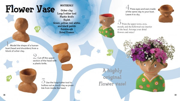 Create a flower vase shaped like a person using Schiffer Publishing, Ltd.'s Clay—this step-by-step illustrated guide for kids includes instructions and materials, all set against a starry blue background.