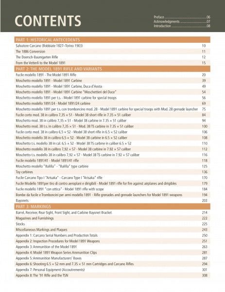 The Model 1891 Carcano Rifle by Schiffer Publishing, Ltd. features a table of contents listing chapters on Carcano history, the Model 1891 rifle, Italian service markings, models, historical context, and appendices with page numbers.
