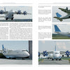 Two pages from Antonov’s Heavy Transports by Schiffer Publishing, Ltd. feature multiple photos of an Antonov heavy transport plane with eight blue-tipped propellers, shown from various angles both on the ground and in flight, plus descriptive text.