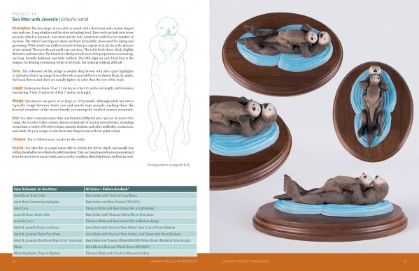 A page from "Carving Marine Mammals with Power" by Schiffer Publishing, Ltd. features step-by-step photos and illustrations to carve a sea otter and pup on blue water with brown bases, plus text instructions and a reference chart.