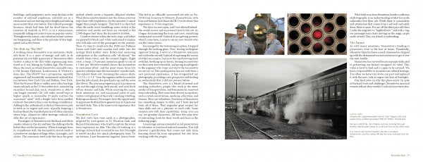 A two-page spread from "Smoke Over Steamtown" by Schiffer Publishing, Ltd. shows text on both pages and four right-page photos: uniformed people, a train headlight, stacked cylinders, and a steaming locomotive at a heritage station.
