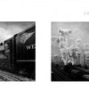 Two black-and-white steam train photos depict mid-20th-century rail travel: one on curved tracks with smoke, one at a station. At right is the table of contents for "Trains" by Schiffer Publishing, Ltd., featuring A. Aubrey Bodine's work.