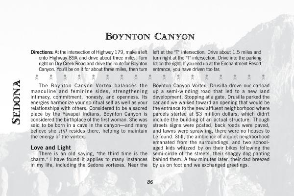 A page from Ghosts of Central Arizona by Schiffer Publishing, Ltd. offers driving directions, a location description, and a “Love and Light” section, with canyon imagery—ideal for travelers visiting sites like the Jerome Grand Hotel.