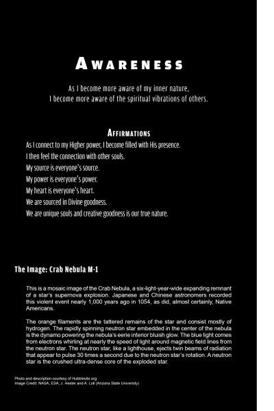 The Sacred Space Meditation Cards by Schiffer Publishing, Ltd. include meditation affirmations for inner awareness and spiritual connection, plus white text inspired by Hubble images describing the Crab Nebula M-1 and its astronomical importance.