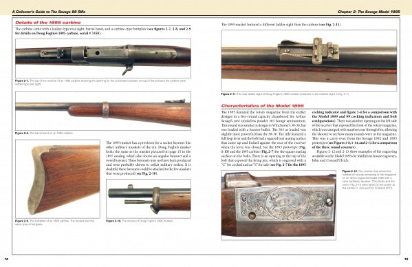 A Collector's Guide to the Savage 99 Rifle and its Predecessors, from Schiffer Publishing, features close-up photos and descriptions of Model 1895 parts—barrel, stock, sights, and engraved receiver—with informative captions.