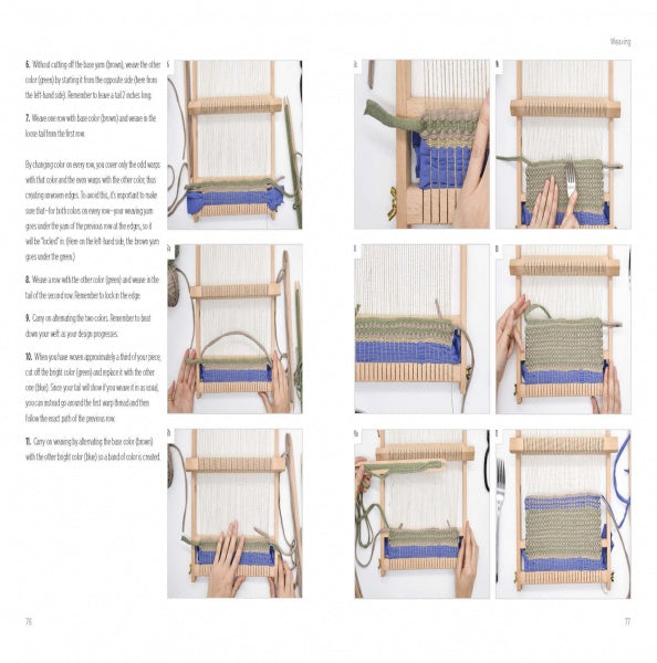Schiffer Publishing, Ltd.’s "Weaving" features nine step-by-step photo guides on white pages, showing hands weaving green and blue yarn on a wooden loom and illustrating the zero-waste process with clear text instructions.