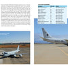 A two-page Schiffer Publishing, Ltd. magazine spread shows military aircraft text and charts with two grey planes on a runway (left) and a P-8A Poseidon maritime patrol aircraft parked on an airfield (right).