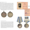 A spread from "Blue Seas, Red Stars" by Schiffer Publishing, Ltd. features a sailor’s portrait, Soviet medals with Cyrillic text, and close-ups of official documents—showcasing convoy heroism during US Navy service in WWII.