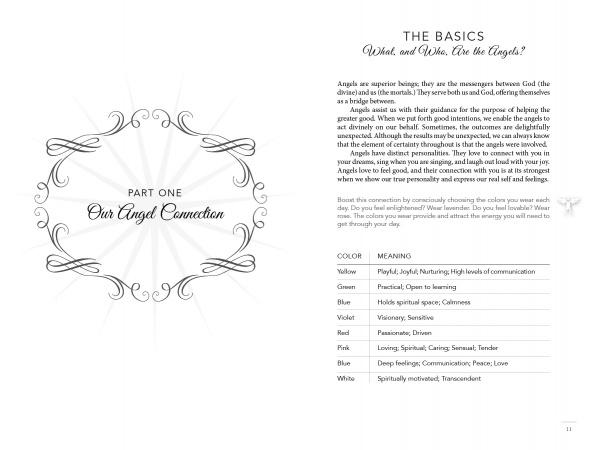 A page from Angel Relationships by Schiffer Publishing, Ltd. features ornate borders, a right section on connecting with angels, and a table explaining angel aura colors with their meanings.