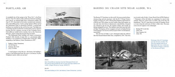Jet City Rewind by Schiffer Publishing, Ltd. features two pages on Portland, OR, with vintage photos, and Alder, WA, highlighting the Boeing 307 crash site and aviation archaeology—capturing key moments in Seattle aviation history.