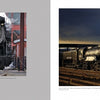In Smoke Over Steamtown by Schiffer Publishing, Ltd., a two-page spread features an old-fashioned steam locomotive near brick buildings on the left and a large black heritage railroad engine beneath dramatic evening clouds on the right.