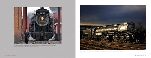 In Smoke Over Steamtown by Schiffer Publishing, Ltd., a two-page spread features an old-fashioned steam locomotive near brick buildings on the left and a large black heritage railroad engine beneath dramatic evening clouds on the right.