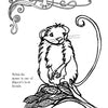 A fluffy mouse with a long tail sits on wheat, with swirls above. Text: Melvin the mouse is one of Rupert's best friends from Rupert's Tales by Schiffer Publishing, Ltd. Black and white coloring page, great for any activity book.