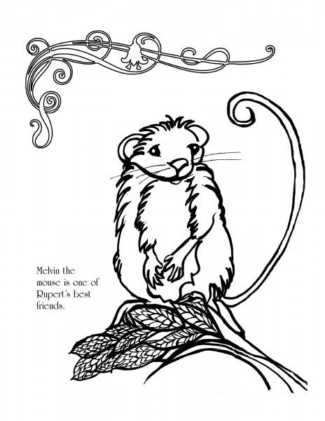 A fluffy mouse with a long tail sits on wheat, with swirls above. Text: Melvin the mouse is one of Rupert's best friends from Rupert's Tales by Schiffer Publishing, Ltd. Black and white coloring page, great for any activity book.