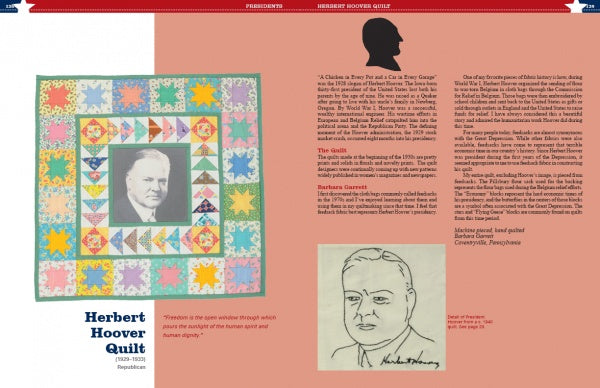 On the left, "Quilts Presidential and Patriotic" by Schiffer Publishing, Ltd. features a vibrant quilt with Herbert Hoover’s black-and-white portrait and sketches, offering historical context on American quilting and the quilt’s legacy.