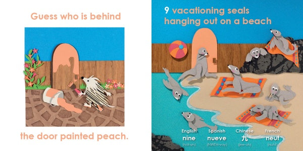 Split image: Left shows a child peeking under a peach-painted door with the text, "Guess Who Is behind the Door" by Schiffer Publishing, Ltd. Right displays nine cartoon seals on a multilingual beach—great for children’s language learning.