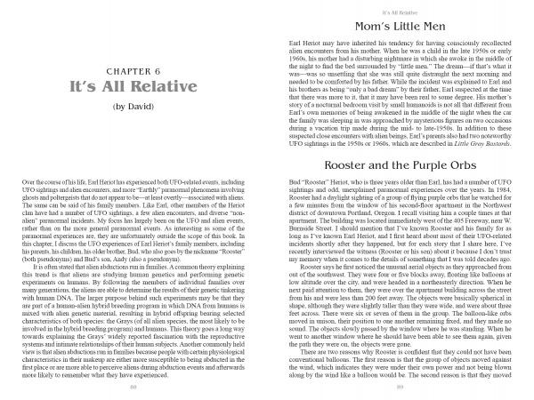 A page from Schiffer Publishing, Ltd.'s "Unidentifiable Flying Objects" features CHAPTER 6 It’s All Relative (by David) with sections—Mom’s Little Men and Rooster and the Purple Orbs—exploring ufology and UFO mysteries.