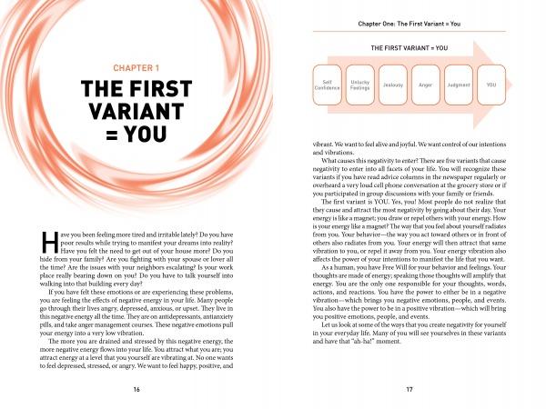 An open book, "Get Positive Live Positive" by Schiffer Publishing, Ltd., shows CHAPTER 1: THE FIRST VARIANT = YOU in orange brush strokes on the left with text on positive energy; the right page features a chart and additional explanations.