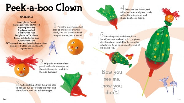 Step-by-step illustrated instructions by Schiffer Publishing, Ltd. for making a Peek-a-boo Clown from recycled Plastic. This fun project develops fine motor skills as you craft a colorful clown face and more.