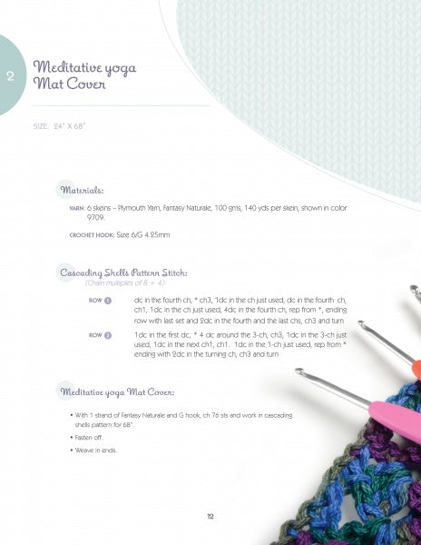 A page from "Basic Knitting and Crocheting for Today's Woman" by Schiffer Publishing, Ltd. shows instructions, materials, stitch guide, and a partial image of a colorful yoga mat cover with crochet hooks.