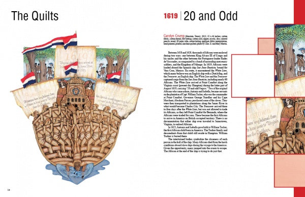 An illustrated book spread from "And Still We Rise" by Schiffer Publishing, Ltd. features text and artwork of enslaved people on a ship with colonial figures and flags, arranged in a quilt-like layout bordered by red lines.