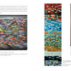 A magazine spread showcases three vibrant textile art pieces from "The Art Is the Cloth" by Schiffer Publishing, Ltd., each with bold tapestry-inspired patterns and accompanied by brief descriptions and titles.