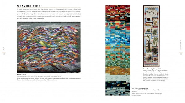 A magazine spread showcases three vibrant textile art pieces from "The Art Is the Cloth" by Schiffer Publishing, Ltd., each with bold tapestry-inspired patterns and accompanied by brief descriptions and titles.