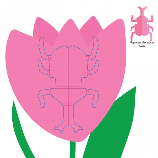 A pink tulip with a blue Japanese Rhinoceros Beetle outline, inspired by origami insects, decorates the cover of "Insects" from Schiffer Publishing, Ltd. An inset shows the beetle outline and the text Japanese Rhinoceros Beetle.