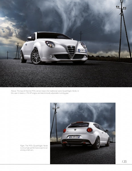 A white Alfa Romeo MiTo hatchback is shown on a rural road, evoking the sleek design and racing heritage explored in Schiffer Publishing, Ltd.'s "Alfa Romeo: A Century of Innovation.