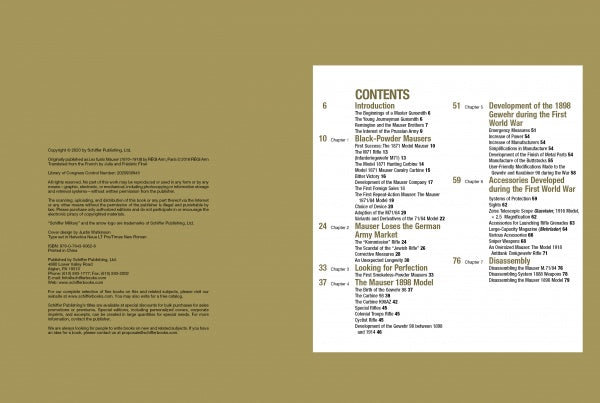 Mauser Rifles, Vol. 1 by Schiffer Publishing, Ltd. features a table of contents listing topics like Mauser rifles, Gewehr 71, the 1898 model, G98 sniper developments in World War I, army markets, and disassembly.