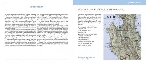 The left page of Jet City Rewind (Schiffer Publishing, Ltd.) displays the Introduction; the right page features Chapter One: Seattle, Georgetown, and Tukwila, highlighted by a Seattle map and a bullet list of historic aviation sites.