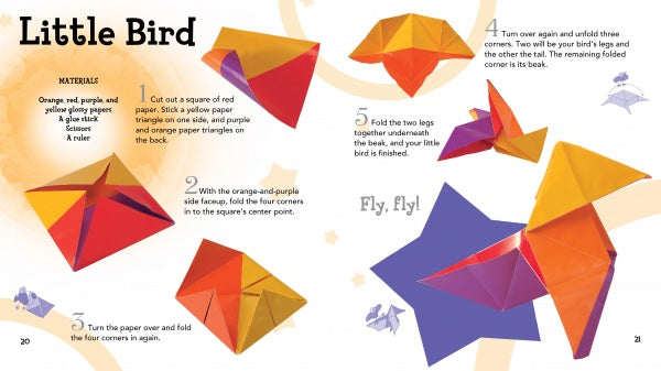 Schiffer Publishing, Ltd.'s "Paper" is an illustrated, step-by-step origami guide to making a red, orange, and yellow paper bird. Numbered images show each stage, and the final bird appears flying—ideal for kids’ DIY paper crafts.