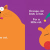 In "My New Friends" by Schiffer Publishing, Ltd., a big orange cat with its tongue out knits a jester hat for a gray rat on a purple background, perfect for teaching preschoolers colors and vocabulary.