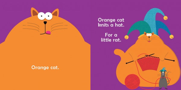 In "My New Friends" by Schiffer Publishing, Ltd., a big orange cat with its tongue out knits a jester hat for a gray rat on a purple background, perfect for teaching preschoolers colors and vocabulary.