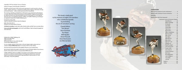 A spread from "Concepts to Caricatures" (Schiffer Publishing, Ltd.) shows a dedication on the left and four detailed woodcarved baseball player figurine photos on the right; the contents page lists chapters about baseball characters.