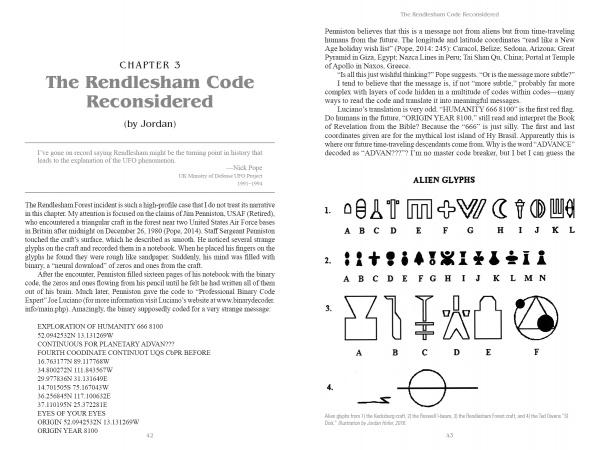 A book spread from Unidentifiable Flying Objects by Schiffer Publishing, Ltd. shows "The Rendlesham Code Reconsidered" text on the left and "Alien Glyphs" illustrations linked to A-Z on the right—a must-see for UFO research enthusiasts.
