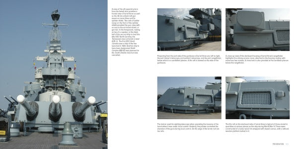 A wide view of USS North Carolina (BB-55)’s deck and gun turrets, with close-ups of WWII-era mounts, radar gear, and armor—featured by Schiffer Publishing, Ltd.