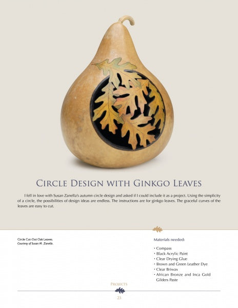 Cut-out Gourd Techniques by Schiffer Publishing, Ltd. shows how to create a black gourd art piece with a circular cutout and layered gold, copper, and green ginkgo leaves, plus step-by-step instructions, materials lists, and mini jigsaw tips.