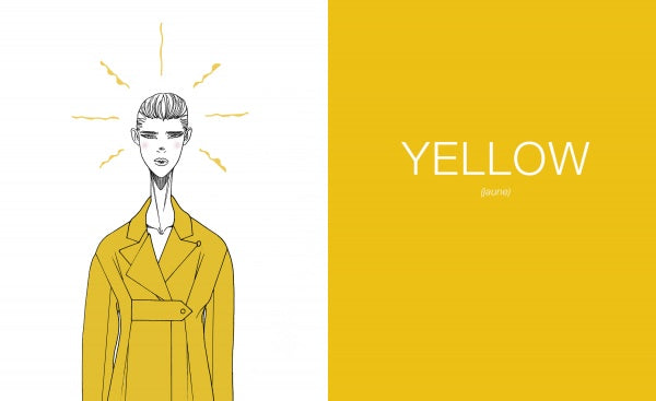 A black and white fashion illustration from "Colors de la Runway" by Schiffer Publishing, Ltd. shows a person in a yellow coat with yellow lines radiating from their head—a bold, rainbow-inspired page for a kids’ fashion book.